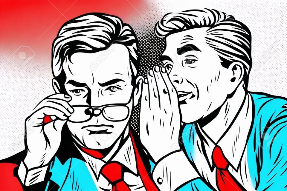 Business men gossiping pop art retro vector realistic hand drawing illustration