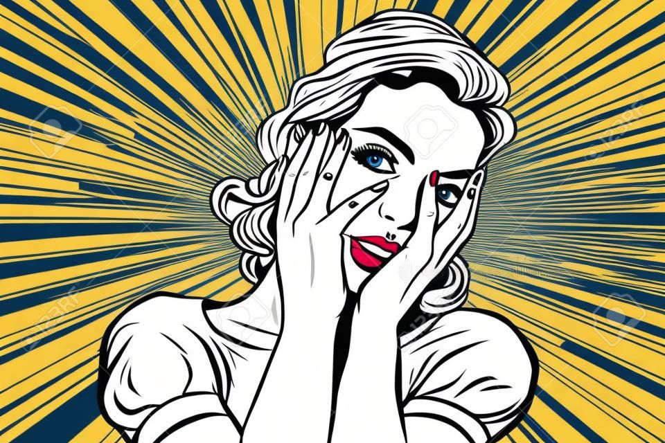 Attractive woman covering her face with both hands. Pop art retro vector, realistic hand drawn illustration.