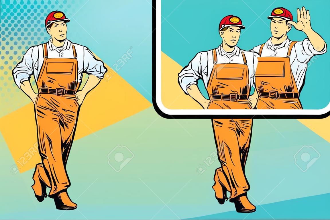男性技工旁邊的海報波普藝術復古矢量，現實手畫插圖。