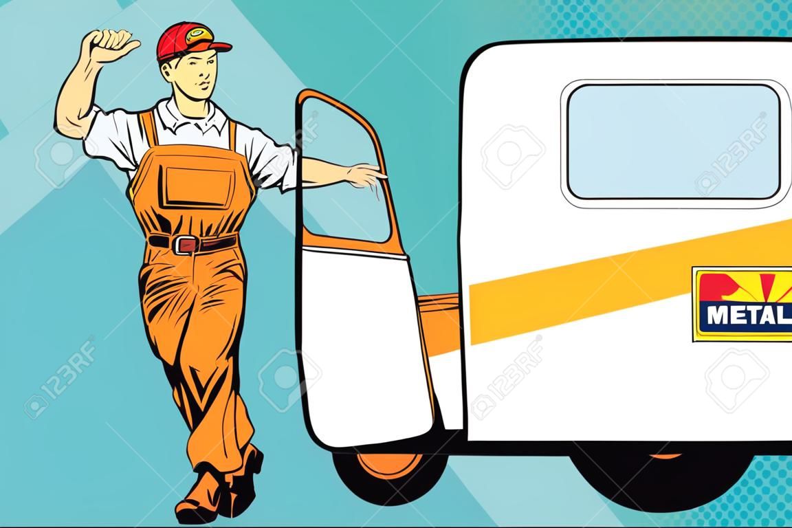 Male mechanic next to the poster pop art retro vector, realistic hand drawn illustration.