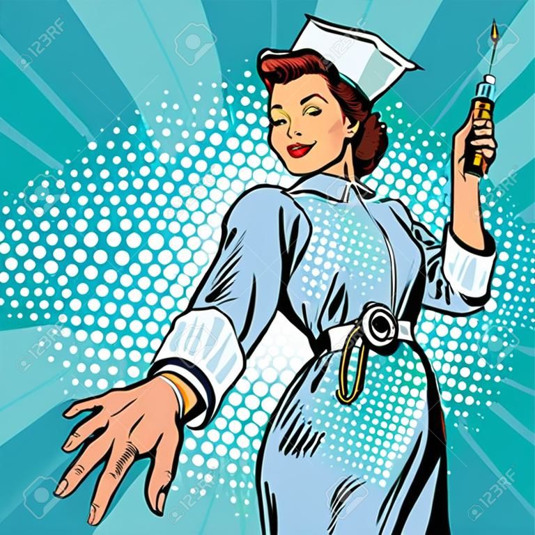 follow me, nurse injection vaccine medicine, pop art retro vector illustration. The doctor and health