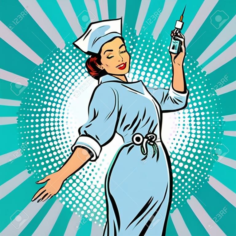 跟著我，護士注射疫苗藥物，波普藝術復古矢量插圖。醫生和健康