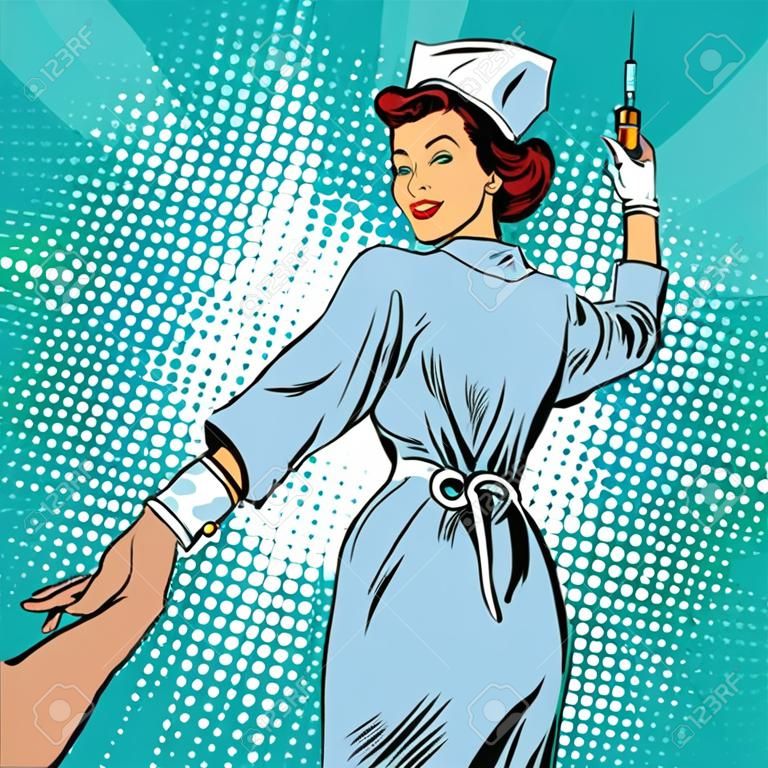 idź za mną, pielęgniarka szczepionka szczepionka medycyna, pop art retro ilustracji wektorowych. Lekarz i zdrowie