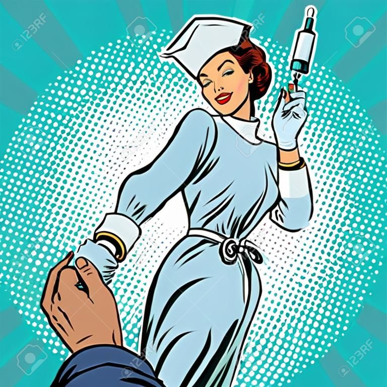 跟着我，护士注射疫苗药，波普艺术复古矢量图。医生与健康
