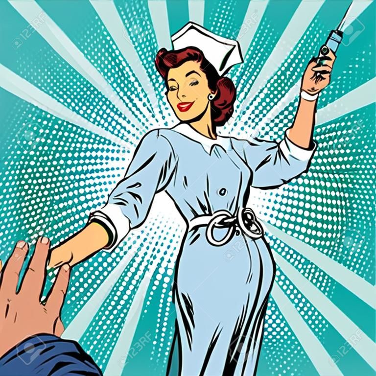 следовать за мной, медсестра инъекции вакцины медицина, поп-арт ретро векторные иллюстрации. Врач и здоровье