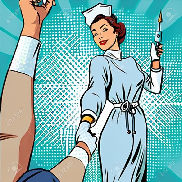 seguimi, infermiera vaccino iniezione medicina, pop art illustrazione retrò vettoriale. Il medico e la salute