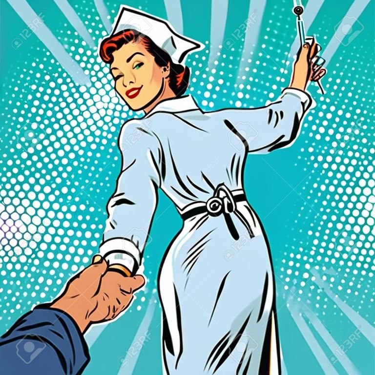 Volg mij, verpleegkundige injectie vaccin geneesmiddel, pop art retro vector illustratie. De arts en gezondheid