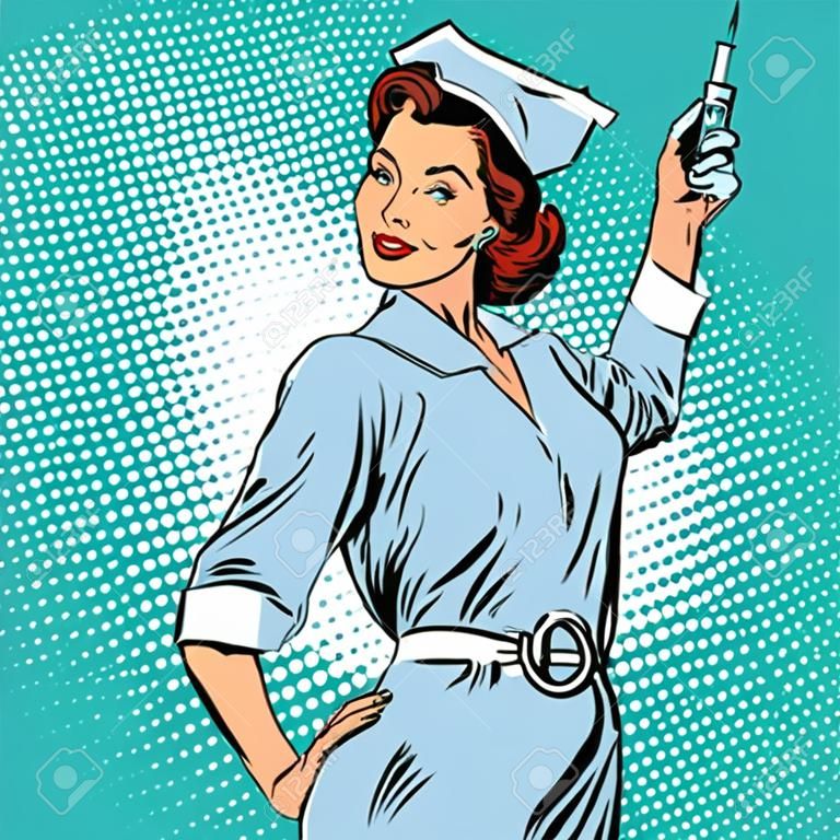 跟着我，护士注射疫苗药，波普艺术复古矢量图。医生与健康