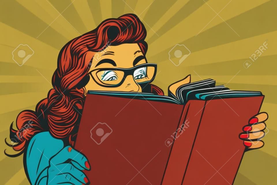 Giovane signora che legge un libro, pop art retrò illustrazione vettoriale. lettura interessante
