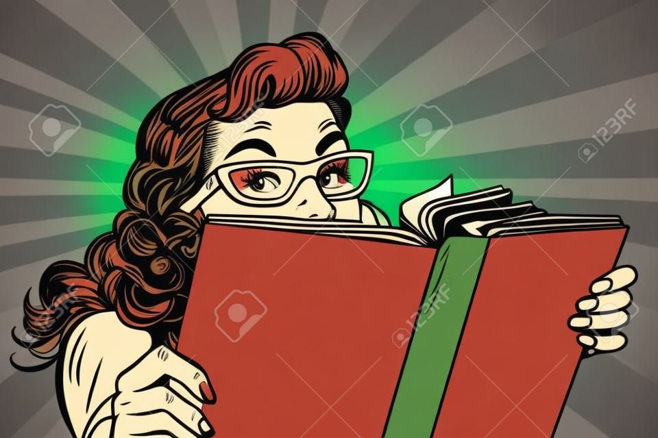 Fiatal hölgy egy könyvet olvas, a pop art retro vektoros illusztráció. érdekes olvasmány