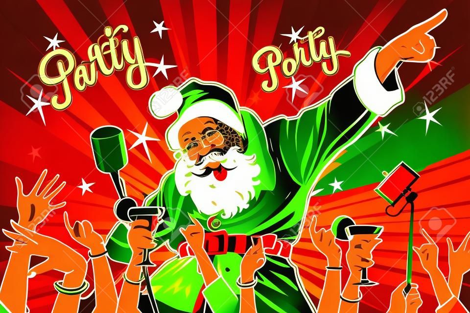 Cantor de Papai Noel da festa de Natal, ilustração vetorial retro da arte pop