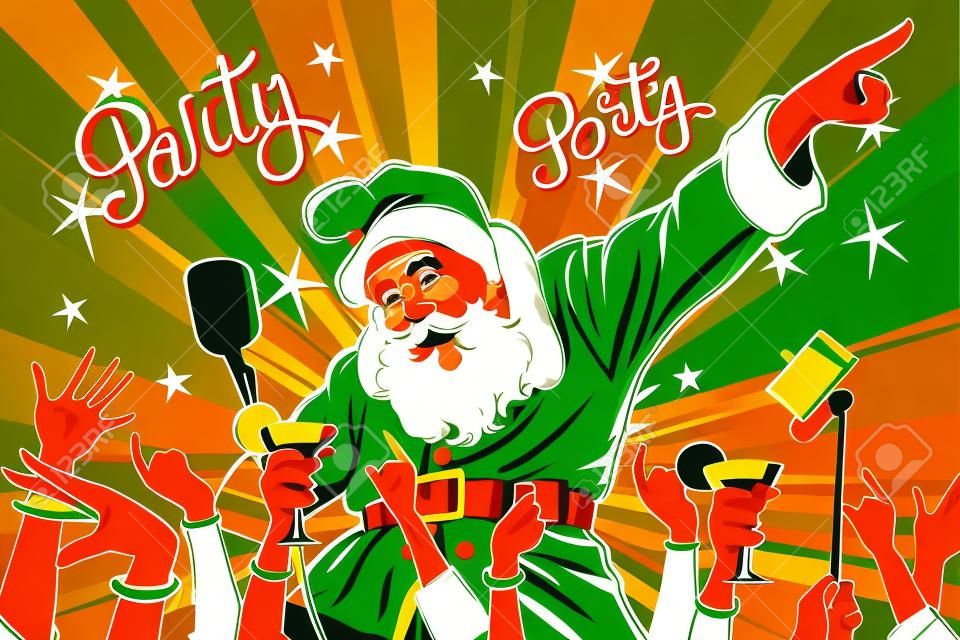 Рождественская вечеринка Санта-Клаус певица, поп-арт ретро векторные иллюстрации