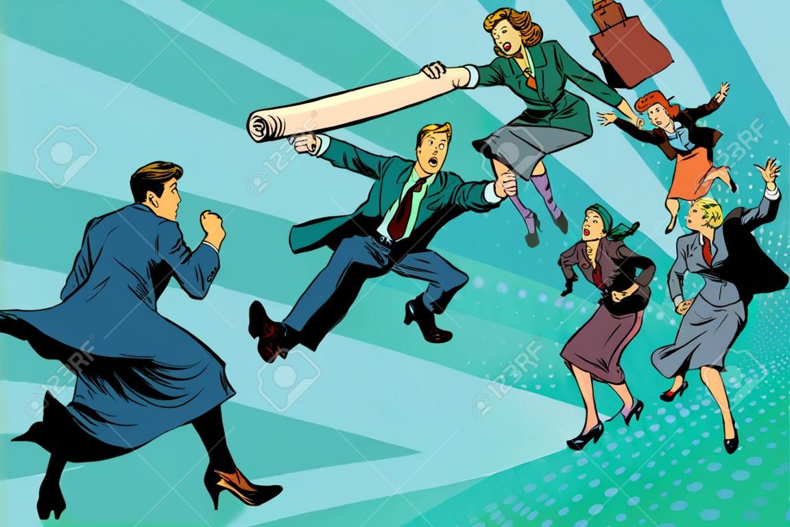 Бизнес бой гендерное неравенство поп-арт ретро иллюстрации комический рисунок