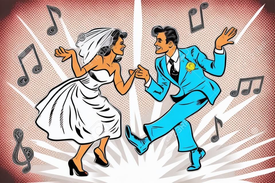 dansende bruid en bruidegom, pop art retro stripboek illustratie. Bruiloft dans. Twist, rock en partner dans