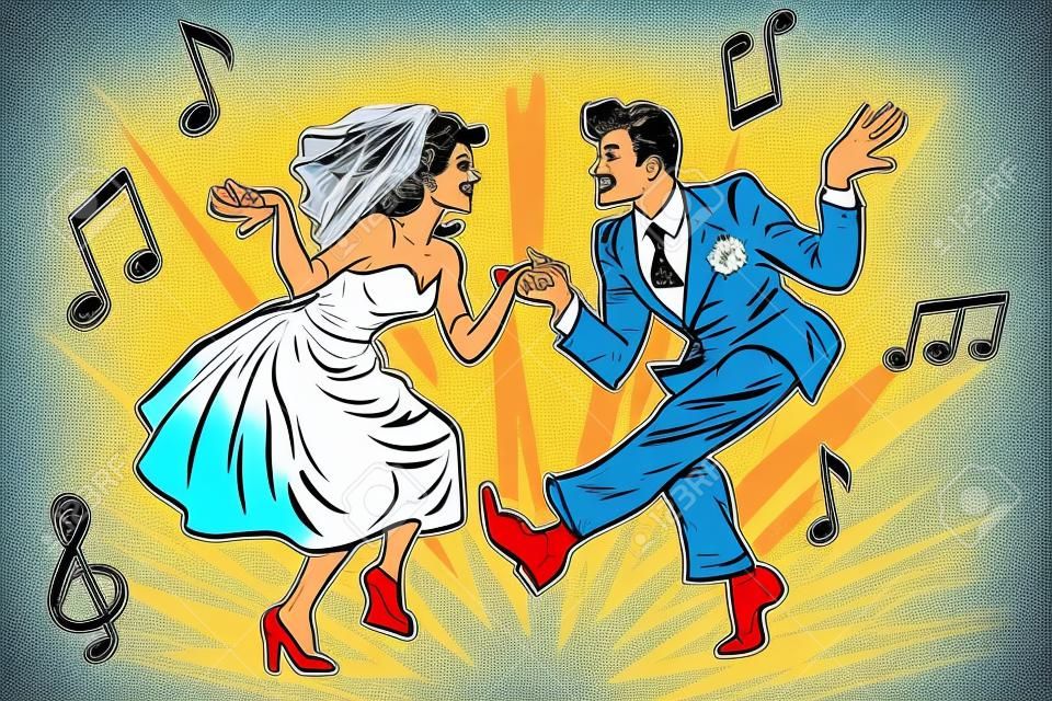 dansende bruid en bruidegom, pop art retro stripboek illustratie. Bruiloft dans. Twist, rock en partner dans