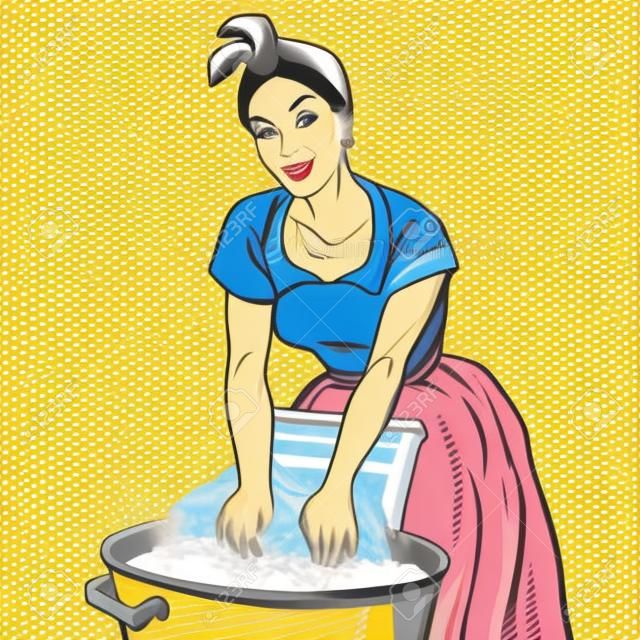 Retro donna lavandaia per lavare i panni, pop illustrazione di arte vettoriale. Sporco e pulito. Compiti a casa