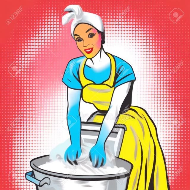 Retro donna lavandaia per lavare i panni, pop illustrazione di arte vettoriale. Sporco e pulito. Compiti a casa