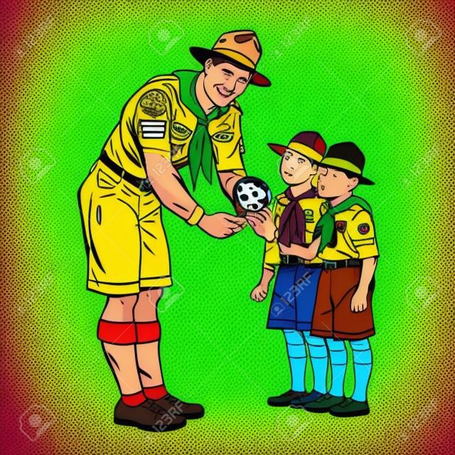 scoutmaster mostra piccolo insetto ai giovani scout. Pop art illustrazione retrò vettoriale. La natura e la scienza