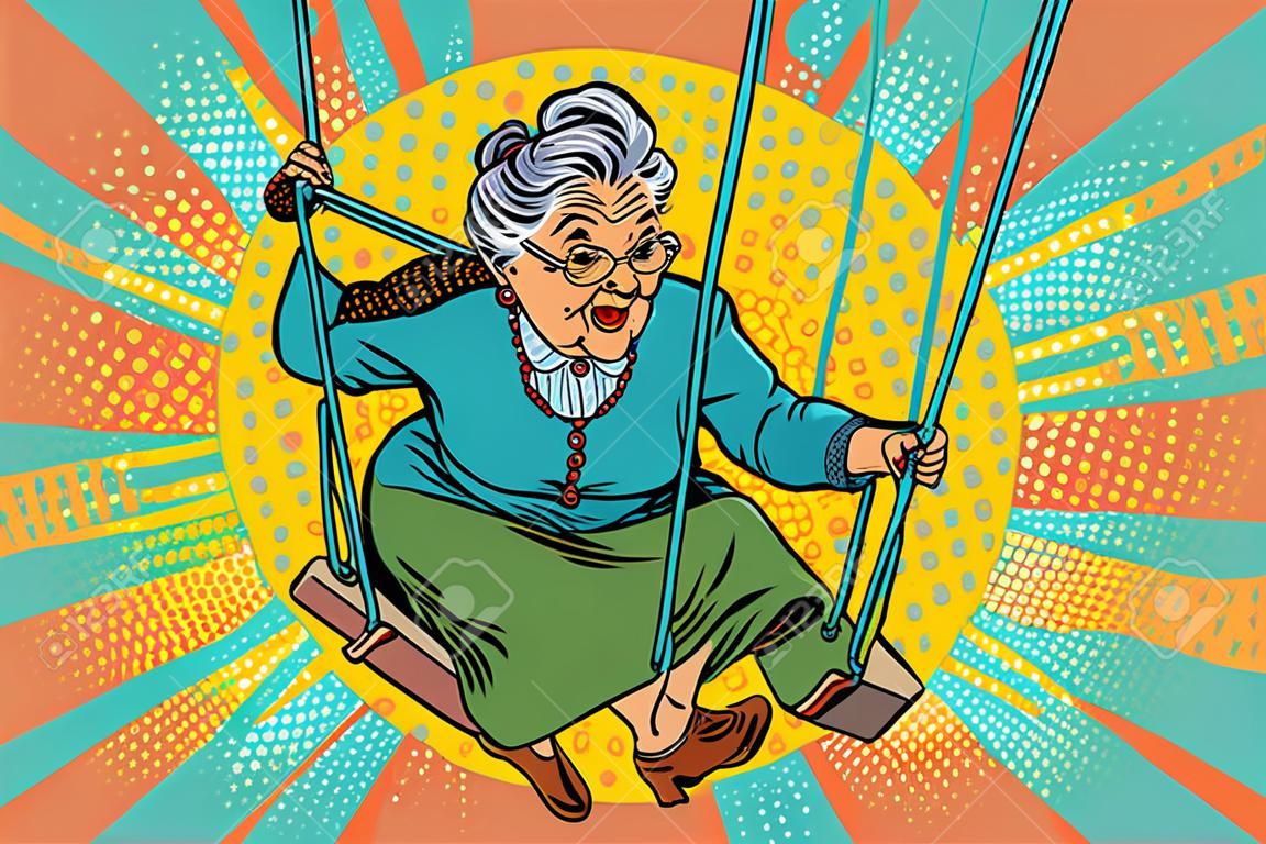 Mujer de edad avanzada balanceándose en un columpio bebé. la ilustración del arte retro del vector del pop. Abuelita con una muleta