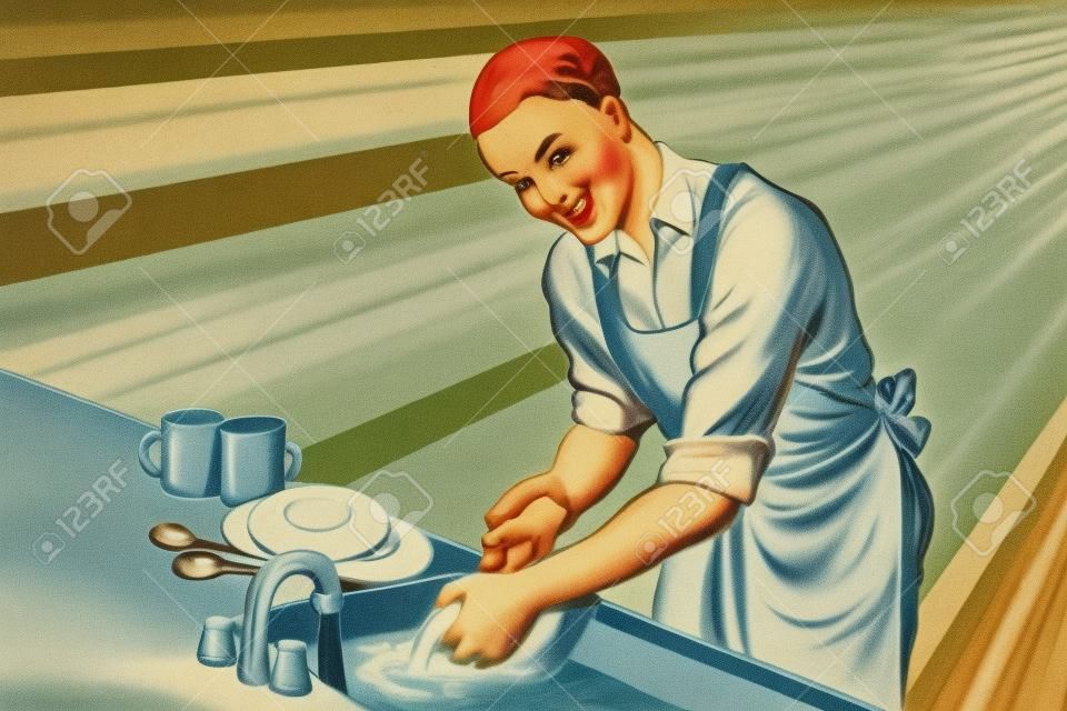 Vintage worker washes dishes