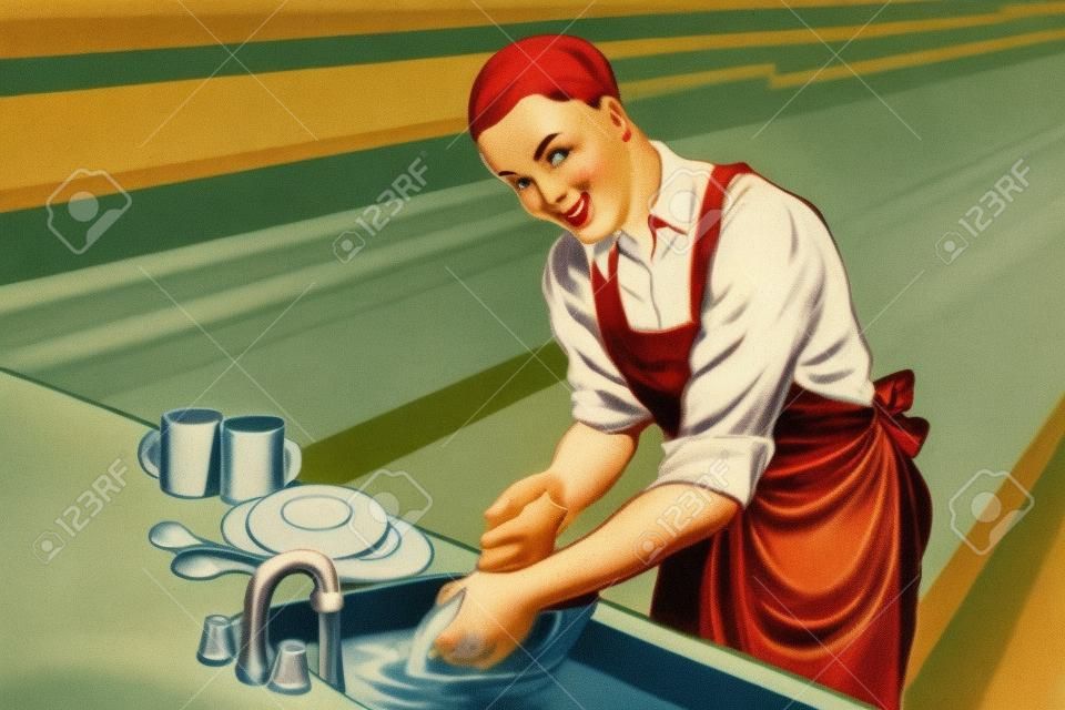 Vintage worker washes dishes