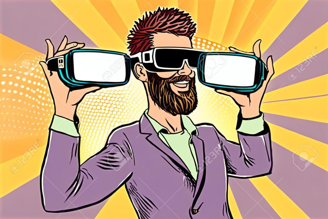 Smiling bearded hipsters in VR glasses