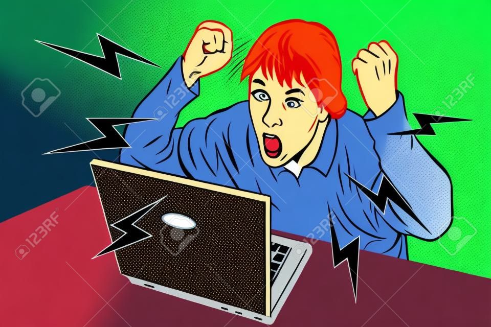 Adolescente irritado que senta-se no portátil do computador. Ilustração retro do vetor da arte pop
