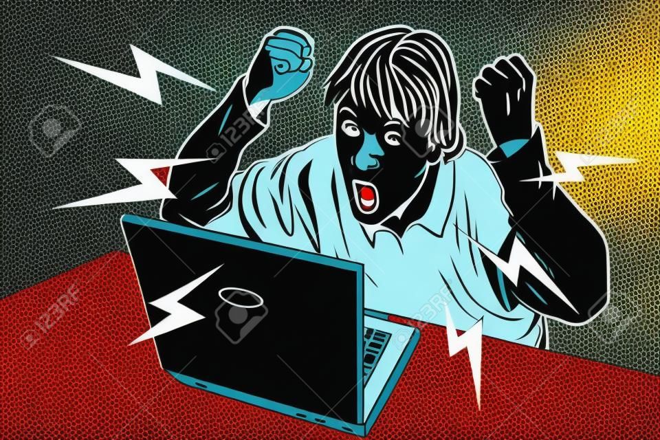 Angry teenager sitting at computer laptop. Pop art retro vector illustration