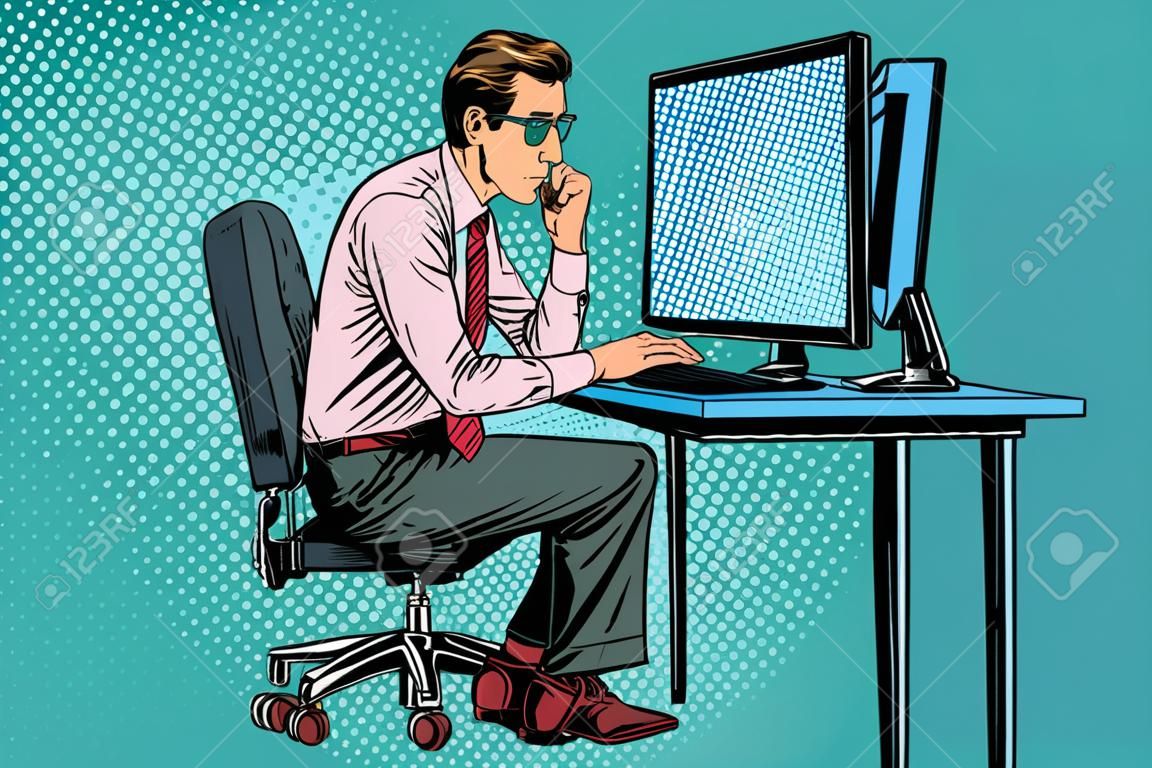 Energy for work, office Caucasian businessman at computer. Pop art retro vector illustration
