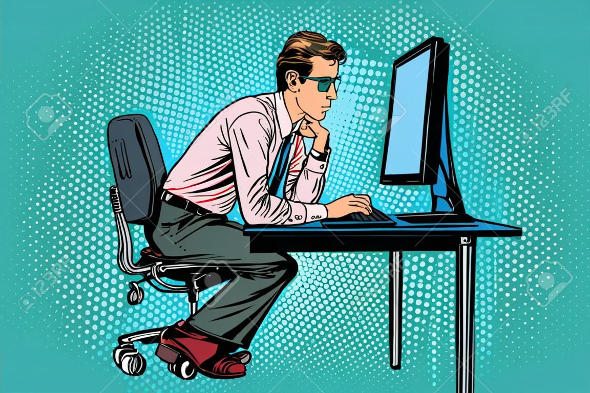 Energy for work, office Caucasian businessman at computer. Pop art retro vector illustration
