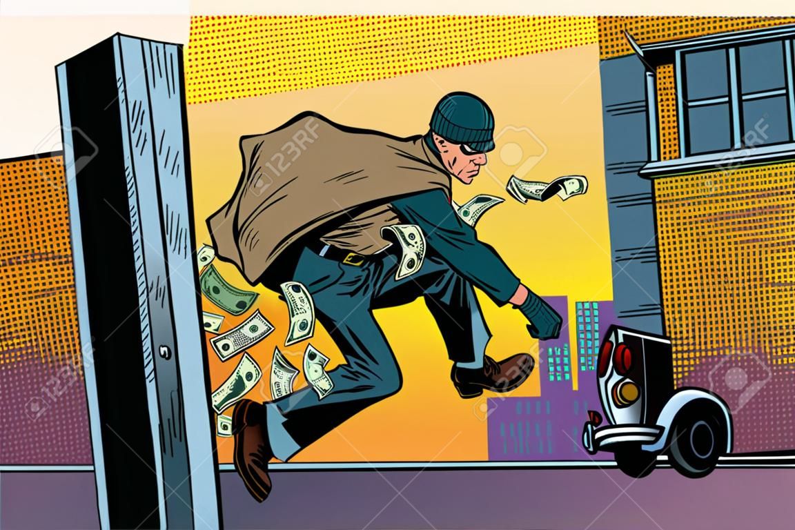A tolvaj egy bankból távozik, pénzzsák. Bűncselekmény és nyomozó. Pop art retro vektoros illusztráció