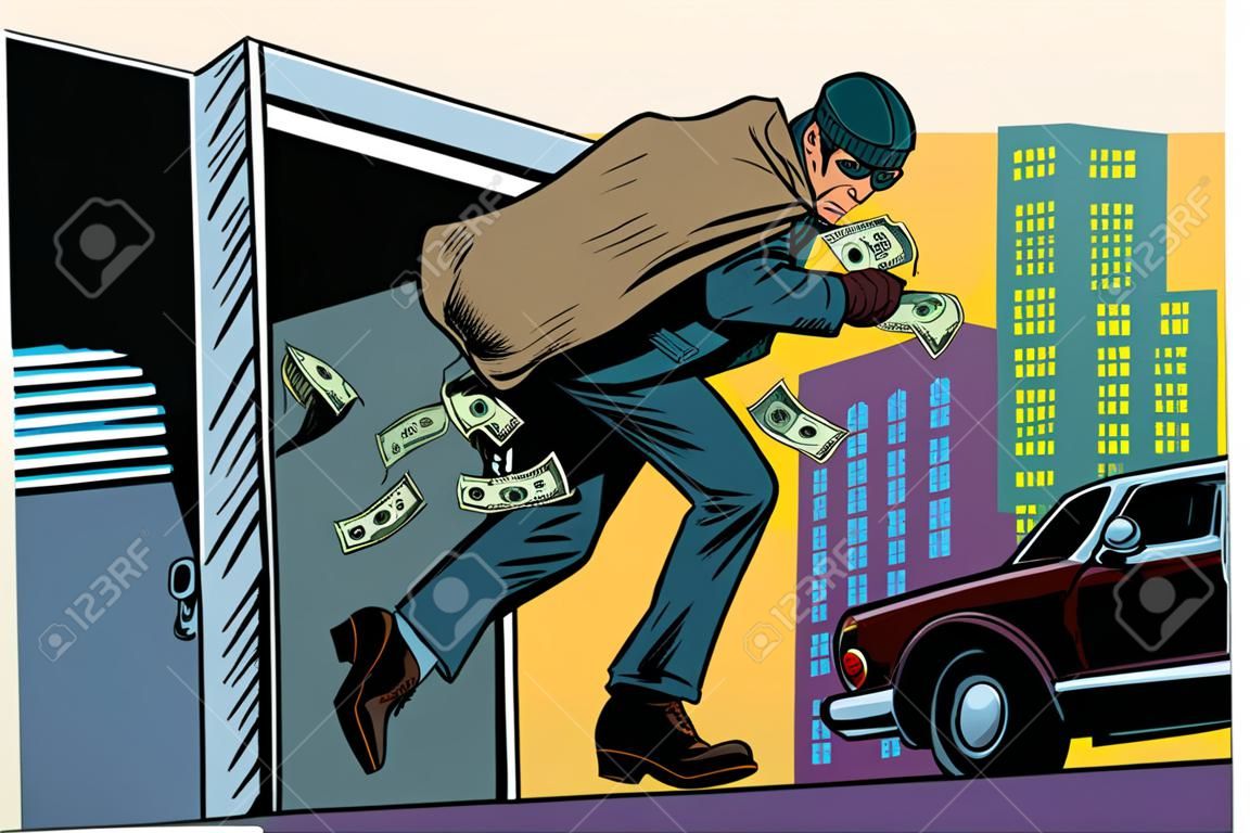 Dieb entkommt aus einer Bank, Geldsack. Kriminalität und Detektiv. Pop-Art Retro-Vektor-Illustration