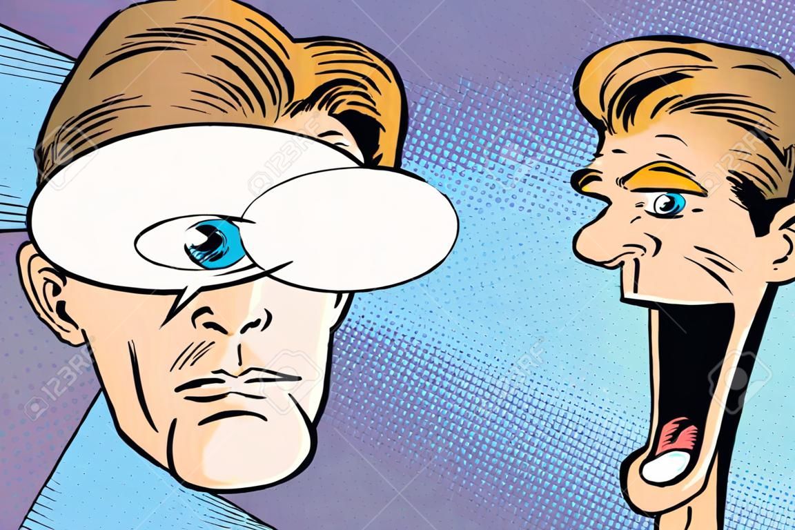 ハイパー表現リアクション漫画男顔、大きな目と口を大きく開けて。漫画のバブル。ポップアート レトロ漫画のベクトル図