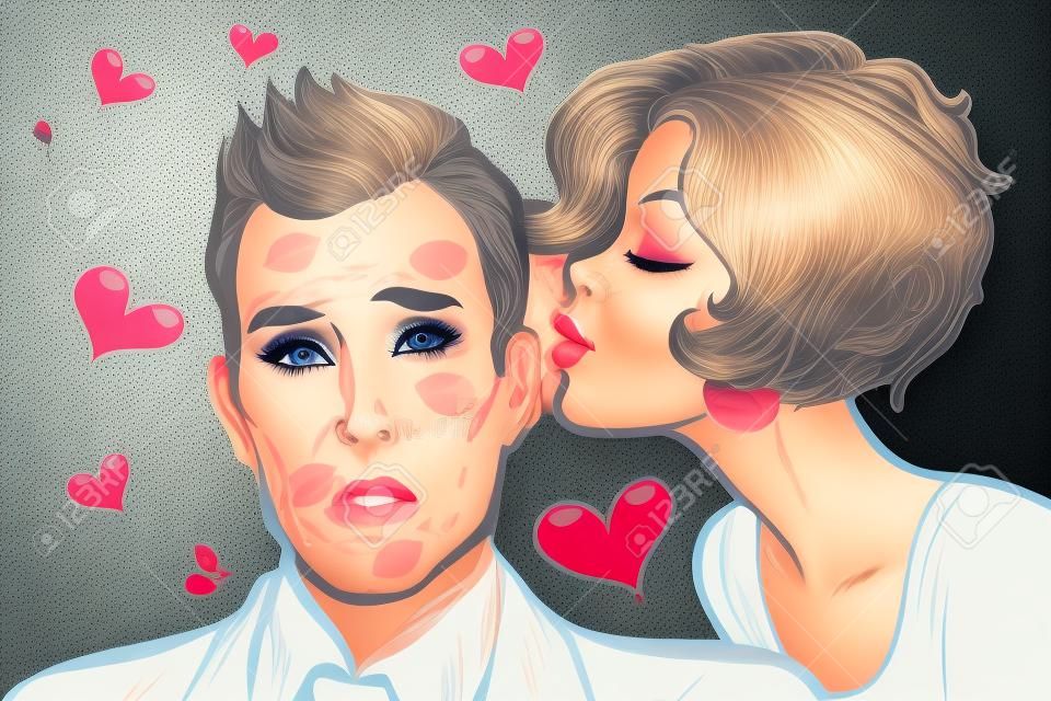Beautiful woman kissing a man, trace of lipstick