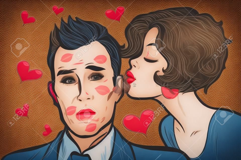 Beautiful woman kissing a man, trace of lipstick