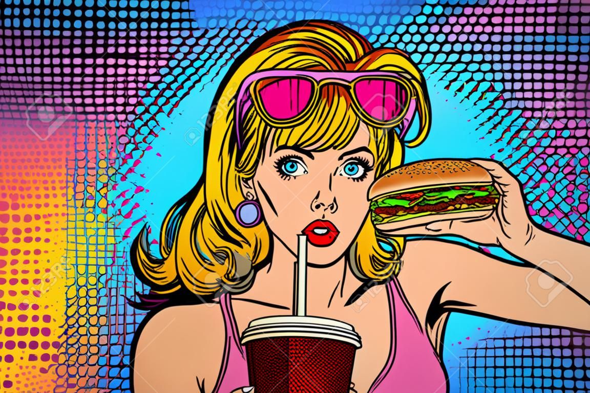 Pop art vrouw met fast food. retro vector Illustrator