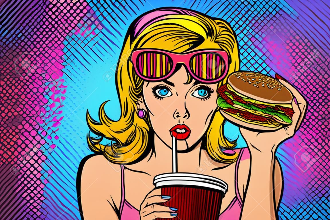 Pop-Art-Frau mit Fast Food. Retro-Vektor-Illustrator