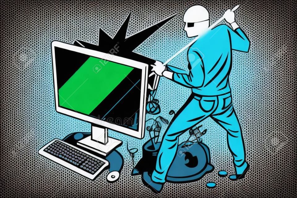 Интернет-хакер ворует долларовые деньги с компьютера. Поп-арт ретро векторная иллюстрация