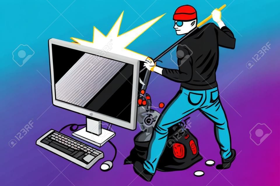 Online hacker steelt dollar geld van de computer. Pop art retro vector illustratie