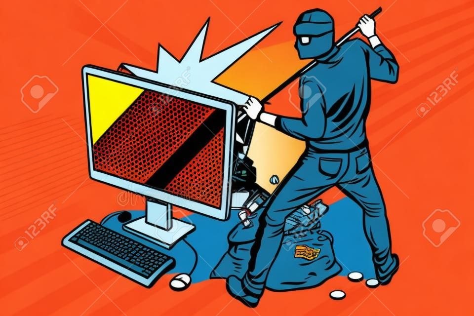 Pirata informático en línea roba dinero en dólares de la computadora. Ilustración de vector retro del arte pop