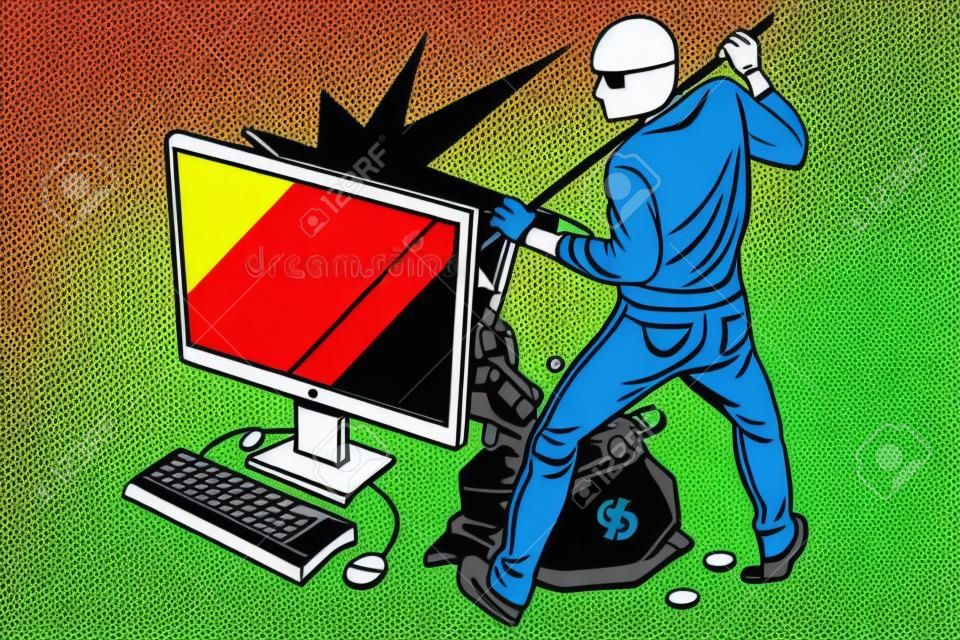 Pirata informático en línea roba dinero en dólares de la computadora. Ilustración de vector retro del arte pop