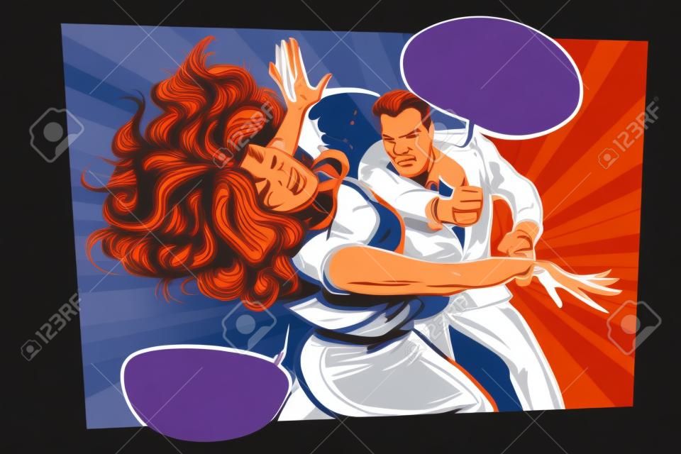 Fight, man hits woman. Domestic violence. Crime. Pop art retro vector illustration drawing