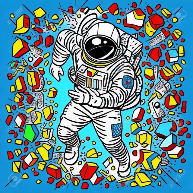 Astronot duvarı, liderliği ve kararlılığı bozar. Pop art retro çizgi roman vektör çizgi film vektör çizim el çizimi