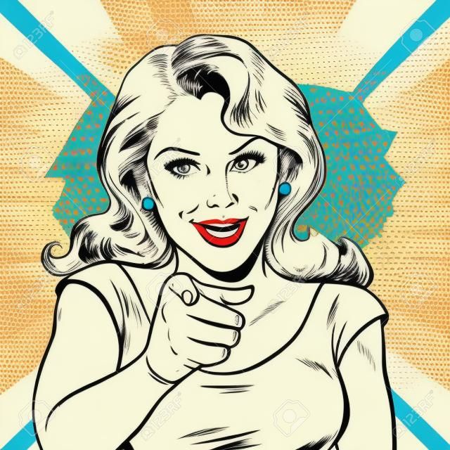 Vrouw wijzen vinger naar je gebaar. Pop art retro stripboek cartoon tekenen vector illustratie kitsch vintage.