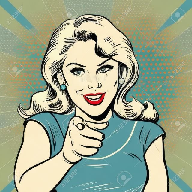 Woman point finger at you gesture. Pop art retro comic book cartoon drawing vector illustration kitsch vintage.