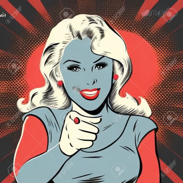Woman point finger at you gesture. Pop art retro comic book cartoon drawing vector illustration kitsch vintage.