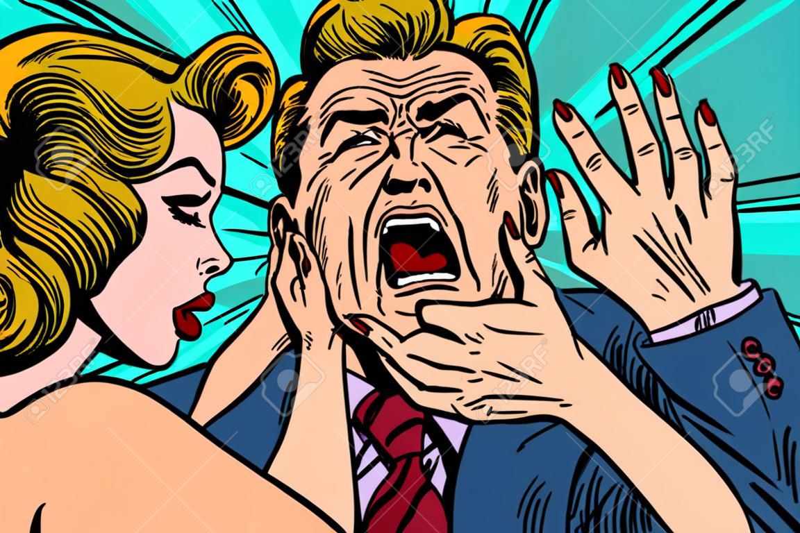 Woman strangling man. Female power. Pop art retro vector illustration cartoon comics kitsch drawing.