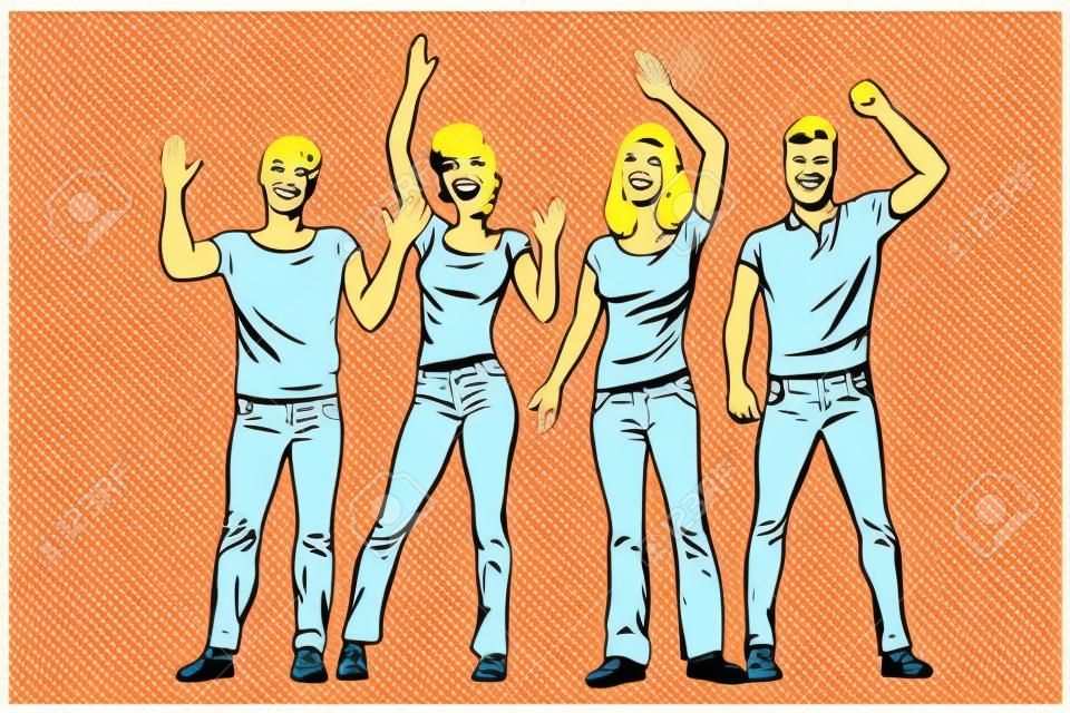 greeting. a group of people waving their hands. Pop art retro vector illustration kitsch vintage drawing