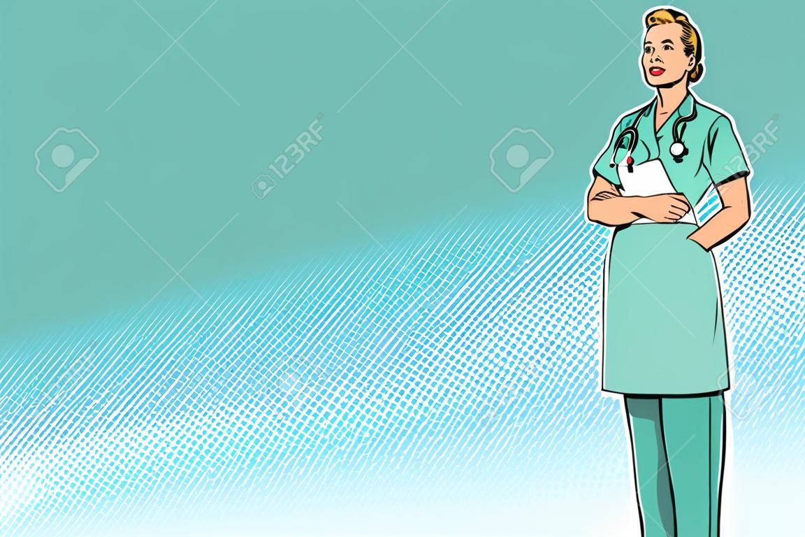 Blanke verpleegkundige. Geneeskunde en gezondheid. Pop art retro vector illustratie vintage kitsch