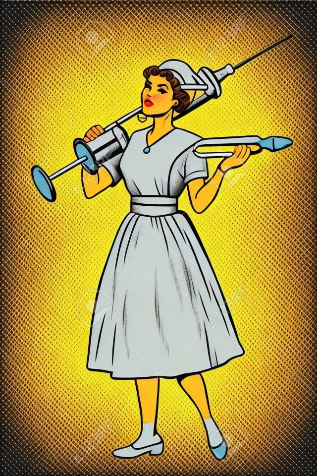 Nurse with syringe. Pop art retro vector illustration vintage kitsch